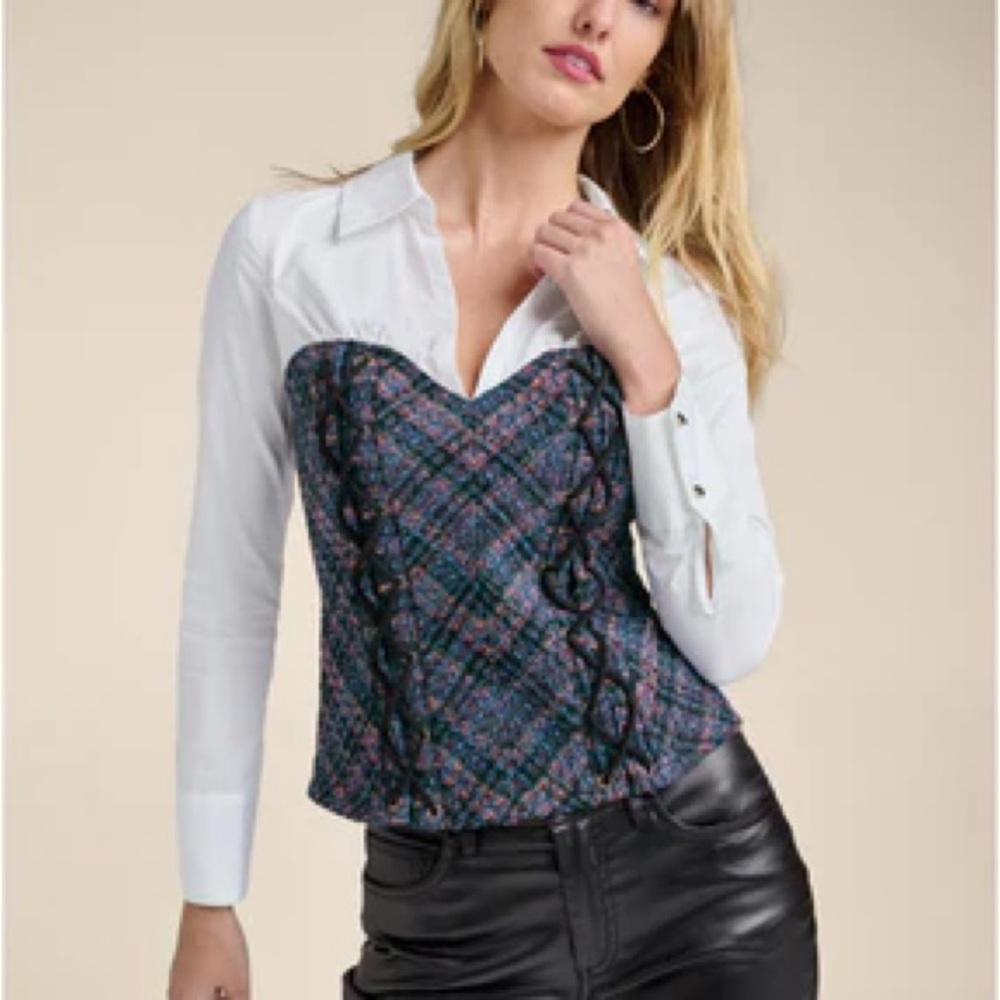 VENUS White and Green Bustier Blouse with Notched Collar
